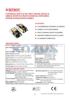 HVI63-T050MI datasheet - UNIVERSAL INPUT AC-DC OPEN FRAME SINGLE & TRIPLE OUTPUT 63 WATTS INTERNAL SWITCHING POWER SUPPLIES