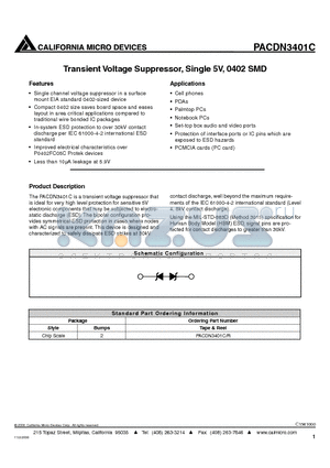 PACDN3401C datasheet - TRANSIENT VOLTAGE SUPPRESSOR, SINGLE 5V, 0402 SMD