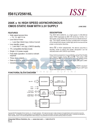 IS61LV25616L-15T datasheet - 256K x 16 HIGH SPEED ASYNCHRONOUS CMOS STATIC RAM WITH 3.3V SUPPLY