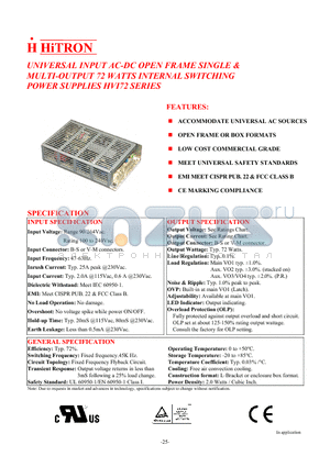 HVI72-19 datasheet - UNIVERSAL INPUT AC-DC OPEN FRAME SINGLE & MULTI-OUTPUT 72 WATTS INTERNAL SWITCHING POWER SUPPLIES