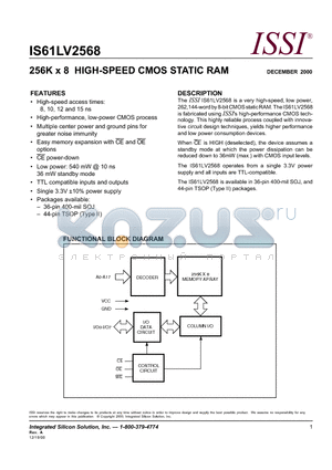 IS61LV2568-10T datasheet - 256K x 8 HIGH-SPEED CMOS STATIC RAM