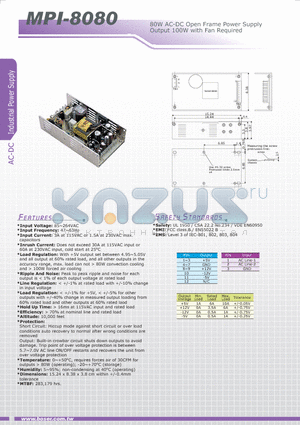 MPI-8080 datasheet - 80W AC-DC Open Frame Power Supply Output 100W with Fan Required