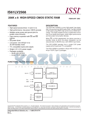 IS61LV2568-10KI datasheet - 256K x 8 HIGH-SPEED CMOS STATIC RAM