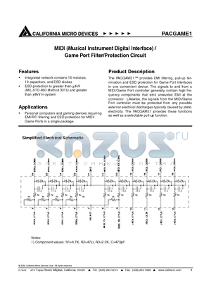 PACGAME1 datasheet - MIDI (Musical Instrument Digital Interface) / Game Port Filter/Protection Circuit