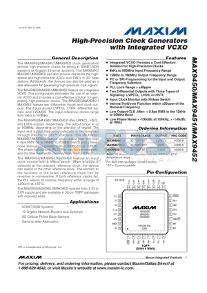 MAX9450 datasheet - High-Precision Clock Generators with Integrated VCXO