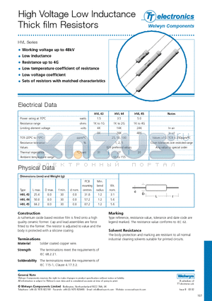 HVL datasheet - High Voltage Low Inductance Thick film Resistors