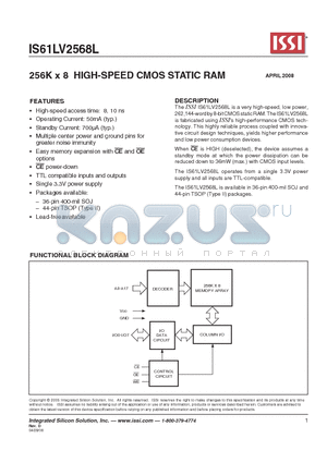 IS61LV2568L-8K datasheet - 256K x 8 HIGH-SPEED CMOS STATIC RAM