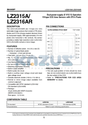 LZ2316AR datasheet - Dual-power-supply (5 V/12 V) Operation 1/3-type CCD Area Sensors with 270 k Pixels