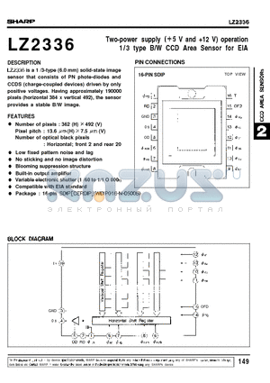 LZ2336 datasheet - Two-power supply (5 V and 12 V) operation 1 / 3 type B/W CCD Area Sensor for EIA