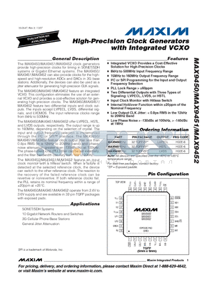 MAX9452EHJ datasheet - High-Precision Clock Generators with Integrated VCXO