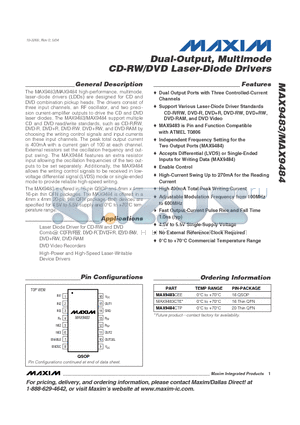 MAX9483CEE datasheet - Dual-Output, Multimode CD-RW/DVD Laser-Diode Drivers
