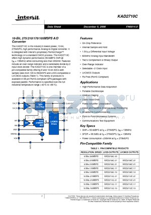 KAD2710C datasheet - 10-Bit, 275/210/170/105MSPS A/D Converter