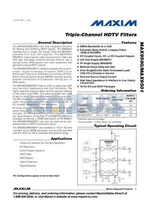 MAX9501ESE+ datasheet - Triple-Channel HDTV Filters