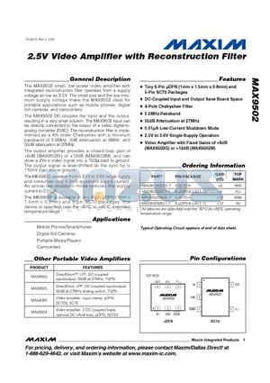 MAX9502GEXK-T datasheet - 2.5V Video Amplifier with Reconstruction Filter