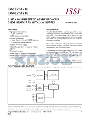 IS61LV51216-8T datasheet - 512K x 16 HIGH SPEED ASYNCHRONOUS CMOS STATIC RAM WITH 3.3V SUPPLY