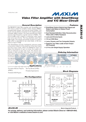 MAX9512_09 datasheet - Video Filter Amplifier with SmartSleep and Y/C Mixer Circuit