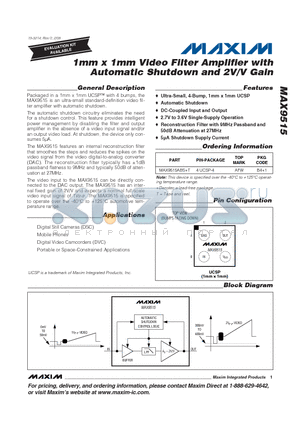 MAX9515ABST datasheet - 1mm x 1mm Video Filter Amplifier with Automatic Shutdown and 2V/V Gain