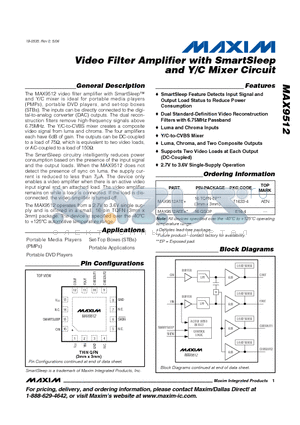 MAX9512 datasheet - Video Filter Amplifier with SmartSleep and Y/C Mixer Circuit