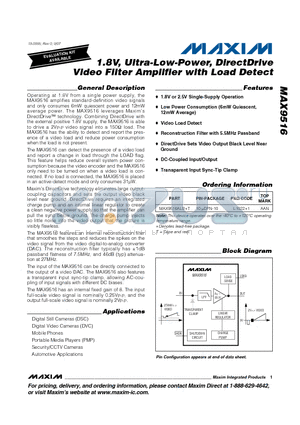 MAX9516 datasheet - 1.8V, Ultra-Low-Power, DirectDrive Video Filter Amplifier with Load Detect