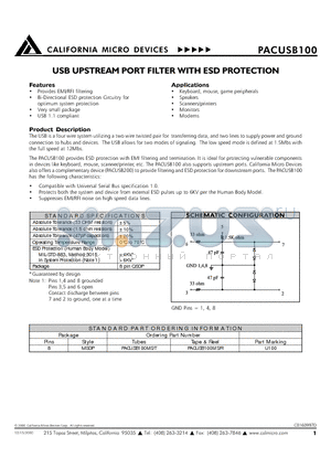 PACUSB100 datasheet - USB UPSTREAM PORT FILTER WITH ESD PROTECTION