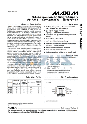 MAX951EPA datasheet - Ultra-Low-Power, Single-Supply Op Amp  Comparator  Reference