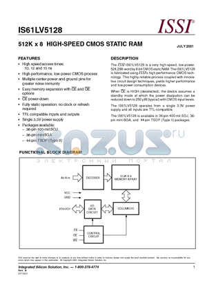 IS61LV5128-15BI datasheet - 512K x 8 HIGH-SPEED CMOS STATIC RAM