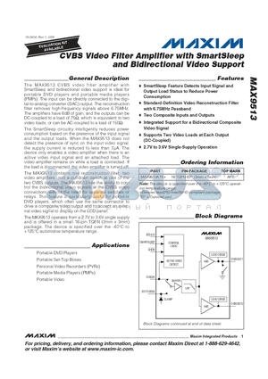 MAX9513 datasheet - CVBS Video Filter Amplifier with SmartSleep and Bidirectional Video Support