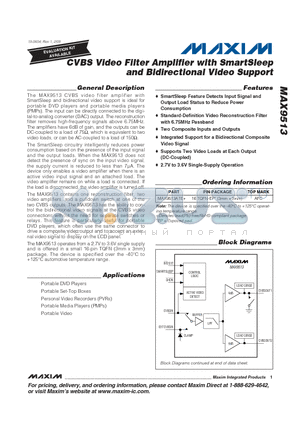 MAX9513ATE+ datasheet - CVBS Video Filter Amplifier with SmartSleep and Bidirectional Video Support