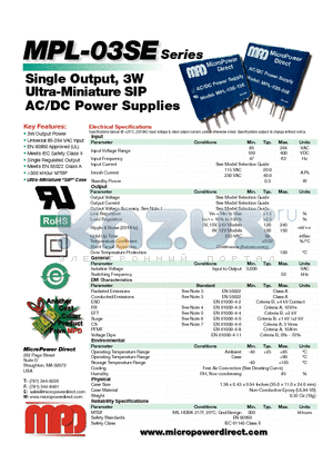 MPL-03S-15E datasheet - Single Output, 3W Ultra-Miniature SIP AC/DC Power Supplies