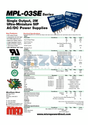 MPL-03S-05E datasheet - Single Output, 3W Ultra-Miniature SIP AC/DC Power Supplies