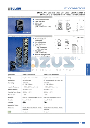 PX0587/SE datasheet - EN60 320-1 Standard Sheet C14 Class I Cold Condition & EN60 320-2-2 Standard Sheet F Class I Cold Condtion