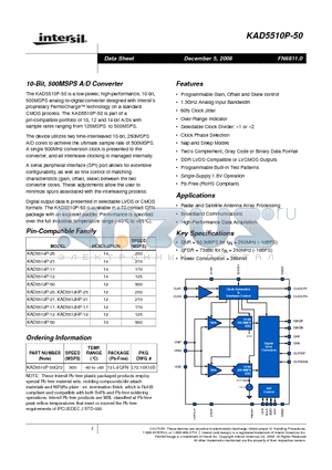 KAD5510P-50Q72 datasheet - 10-Bit, 500MSPS A/D Converter