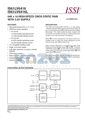 IS61LV6416 datasheet - 64K x 16 HIGH-SPEED CMOS STATIC RAM WITH 3.3V SUPPLY