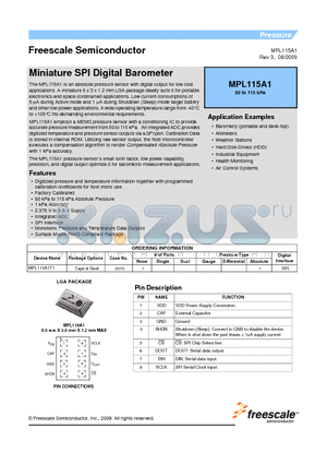 MPL115A1 datasheet - Miniature SPI Digital Barometer