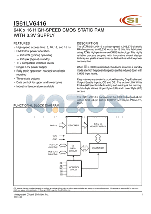 IS61LV6416-10T datasheet - 64K X 16 HIGH SPEED CMOS STATIC RAM WITH 3.3 V SUPPLY