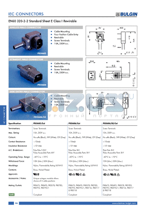 PX0685 datasheet - EN60 320-2-2 Standard Sheet E Class I Rewirable