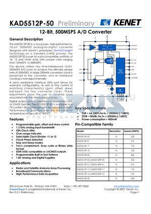 KAD5512P-50 datasheet - 12-Bit, 500MSPS A/D Converter