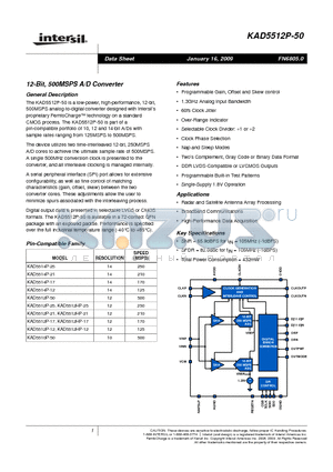 KAD5512P-50 datasheet - 12-Bit, 500MSPS A/D Converter