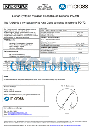 PAD50_TO-72 datasheet - a low leakage Pico-Amp Diode packaged in hermetic