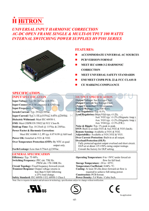 HVP101-Q050KII datasheet - UNIVERSAL INPUT HARMONIC CORRECTION AC-DC OPEN FRAME SINGLE & MULTI-OUTPUT 100 WATTS INTERNAL SWITCHING POWER SUPPLIES