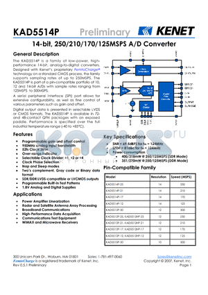 KAD5514P-12Q72 datasheet - 14-bit, 250/210/170/125MSPS A/D Converter