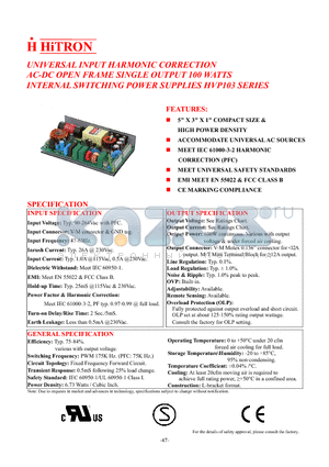 HVP103-050180 datasheet - UNIVERSAL INPUT HARMONIC CORRECTION AC-DC OPEN FRAME SINGLE OUTPUT 100 WATTS INTERNAL SWITCHING POWER SUPPLIES