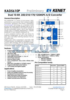 KAD5610P-12Q72 datasheet - Dual 10-Bit, 250/210/170/125MSPS A/D Converter