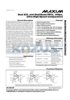 MAX9601 datasheet - Dual ECL and Dual/Quad PECL, 500ps, Ultra-High-Speed Comparators