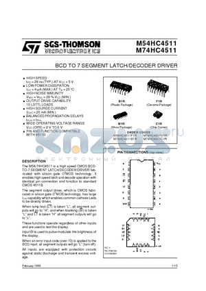 M54HC4011F1R datasheet - BCD TO 7 SEGMENT LATCH/DECODER DRIVER