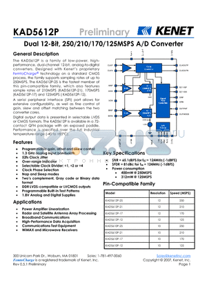 KAD5612P-17Q72 datasheet - Dual 12-Bit, 250/210/170/125MSPS A/D Converter