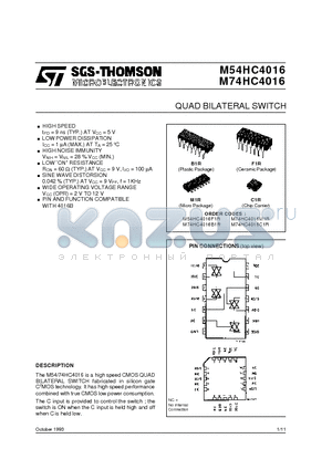 M54HC4016 datasheet - QUAD BILATERAL SWITCH