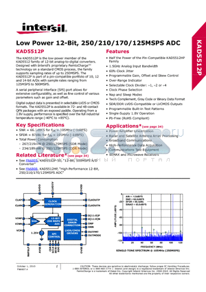 KAD5512P-21Q48 datasheet - Low Power 12-Bit, 250/210/170/125MSPS ADC