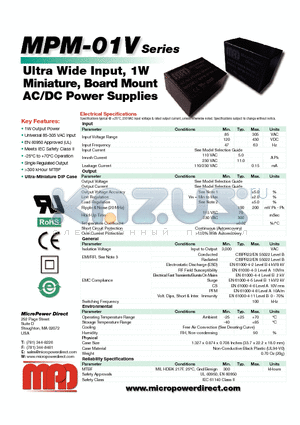 MPM-01SV-03 datasheet - Ultra Wide Input, 1W Miniature, Board Mount AC/DC Power Supplies