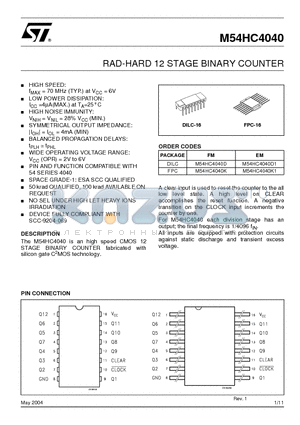 M54HC4040K datasheet - RAD-HARD 12 STAGE BINARY COUNTER